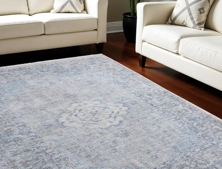 Gray Blue and Ivory Oriental Hand Woven Distressed Area Rug With Fringe Photo 1