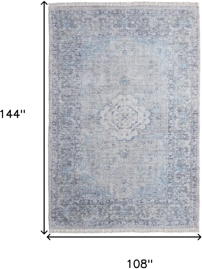 Gray Blue and Ivory Oriental Hand Woven Distressed Area Rug With Fringe Photo 3