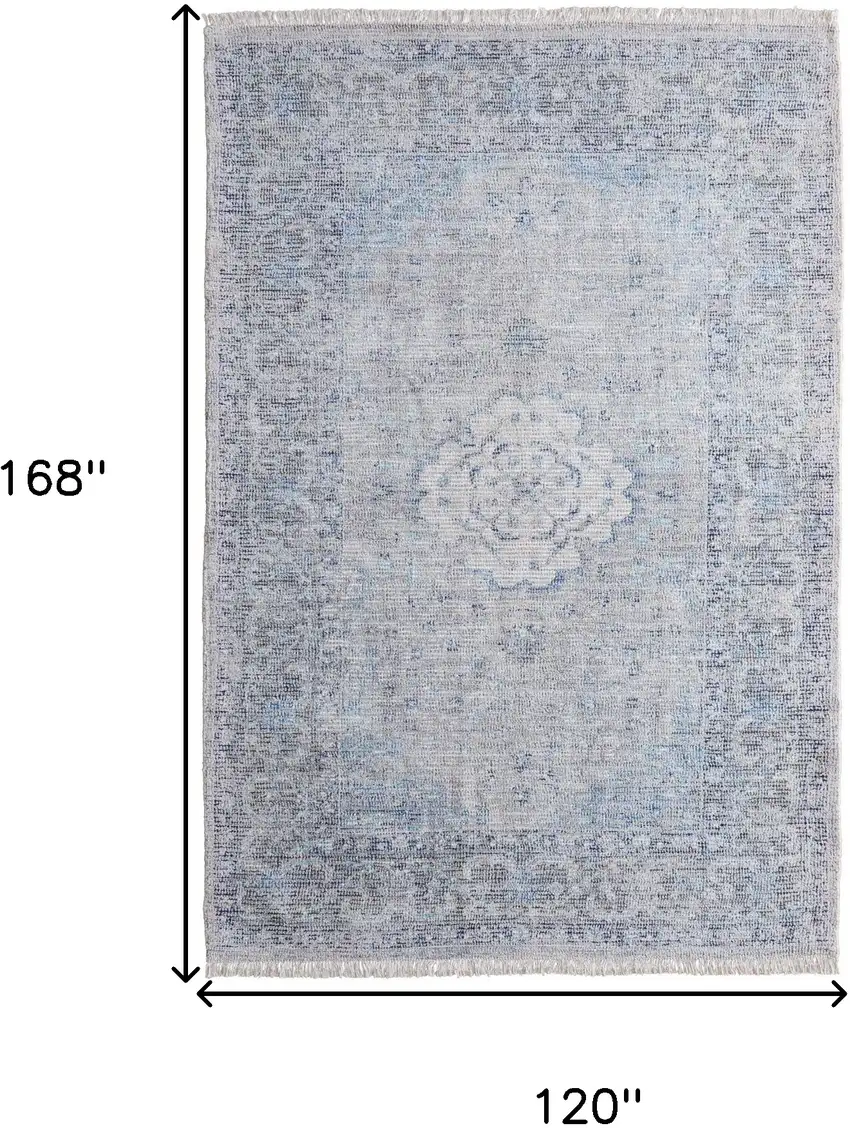 Gray Blue and Ivory Oriental Hand Woven Distressed Area Rug With Fringe Photo 3
