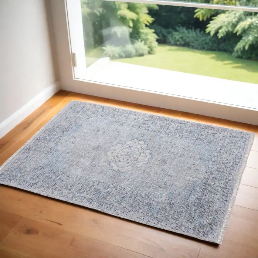 Gray Blue and Ivory Oriental Hand Woven Distressed Area Rug With Fringe Photo 1