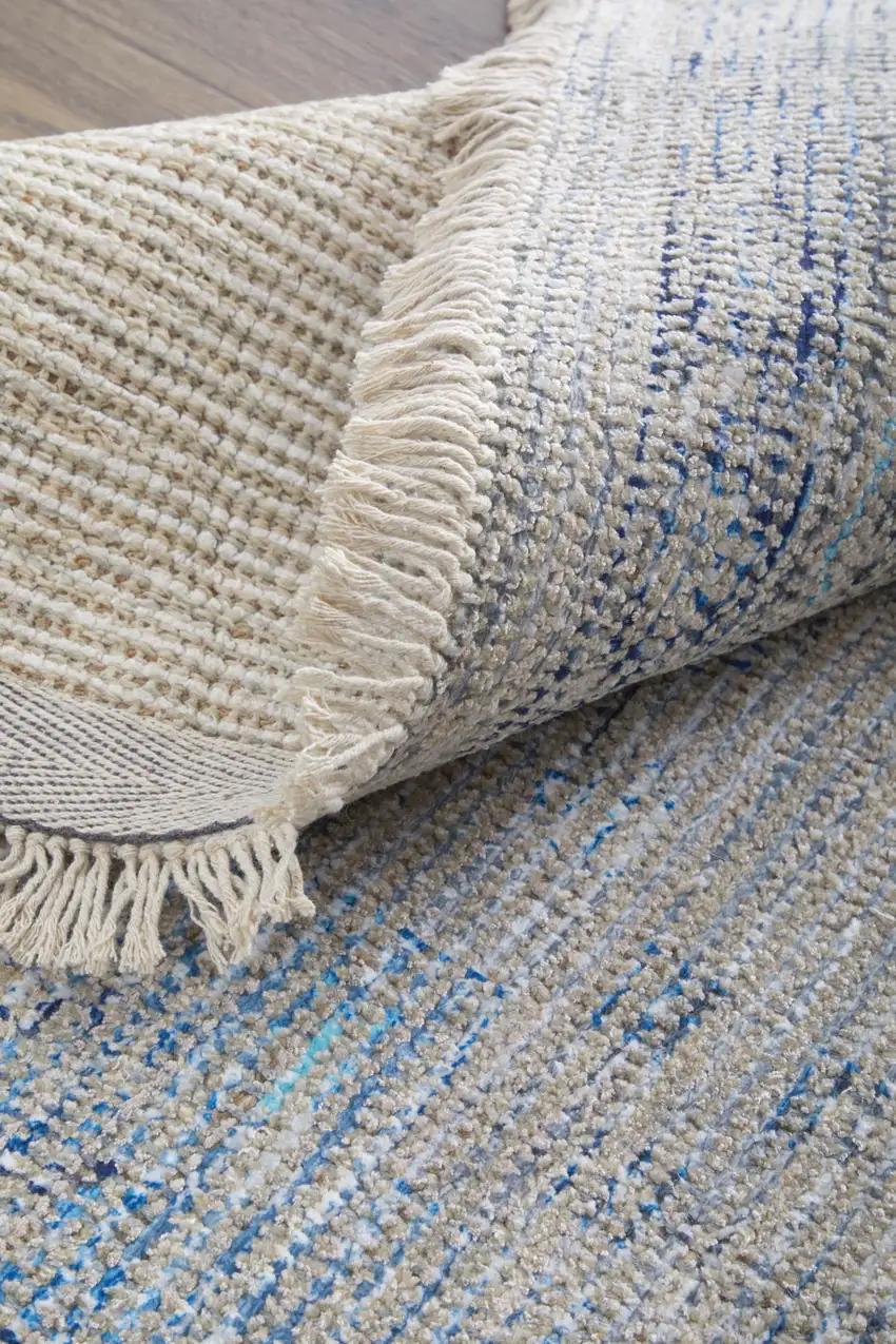 Gray Blue and Ivory Oriental Hand Woven Distressed Area Rug With Fringe Photo 8