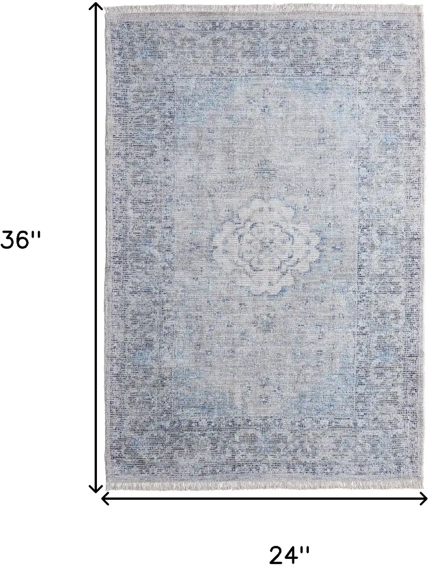 Gray Blue and Ivory Oriental Hand Woven Distressed Area Rug With Fringe Photo 3