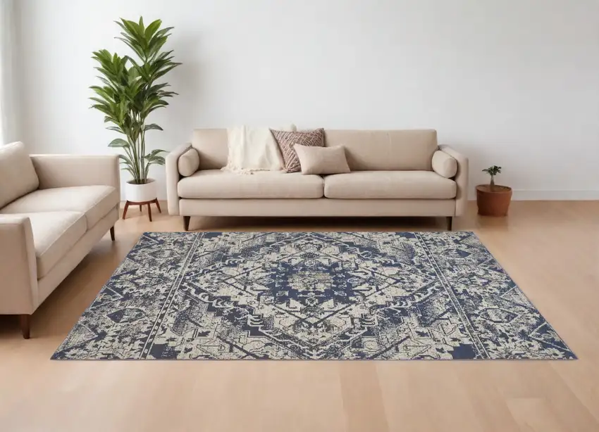 Gray Blue and Ivory Oriental Power Loom Area Rug Photo 1