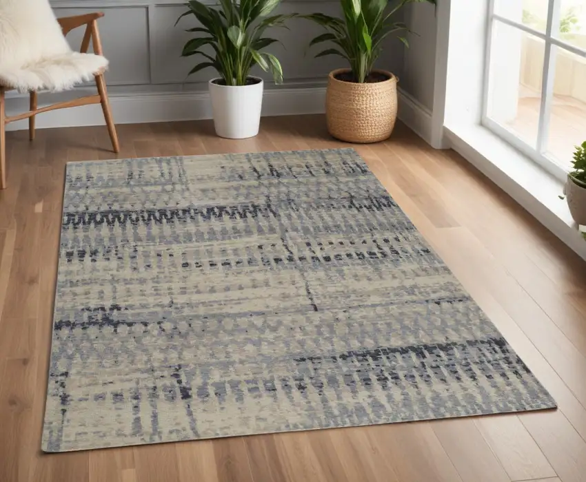 Gray Blue and Ivory Wool Abstract Hand Knotted Area Rug Photo 2