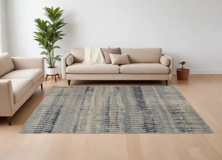 Gray Blue and Ivory Wool Abstract Hand Knotted Area Rug Photo 1