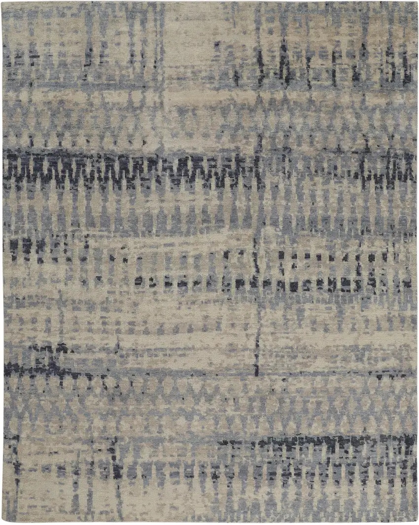 Gray Blue and Ivory Wool Abstract Hand Knotted Area Rug Photo 2