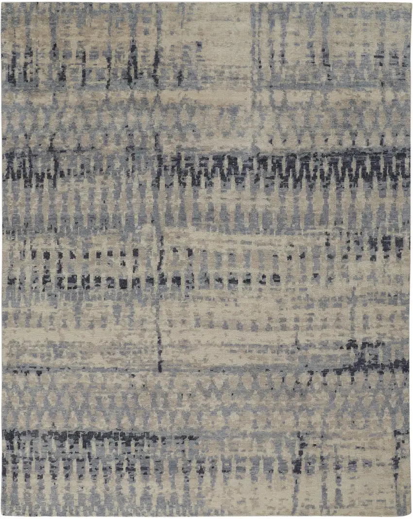 Gray Blue and Ivory Wool Abstract Hand Knotted Area Rug Photo 2