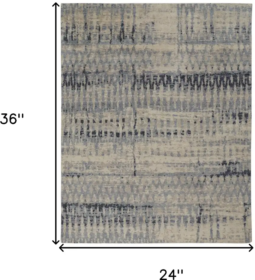 Gray Blue and Ivory Wool Abstract Hand Knotted Area Rug Photo 3