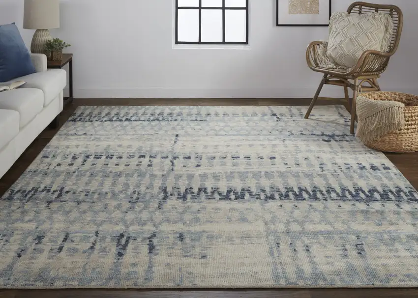 Gray Blue and Ivory Wool Abstract Hand Knotted Area Rug Photo 7