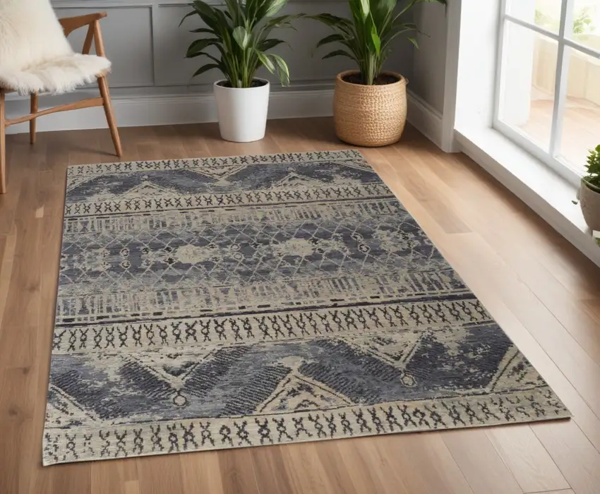 Gray Blue and Ivory Wool Floral Hand Knotted Area Rug Photo 1