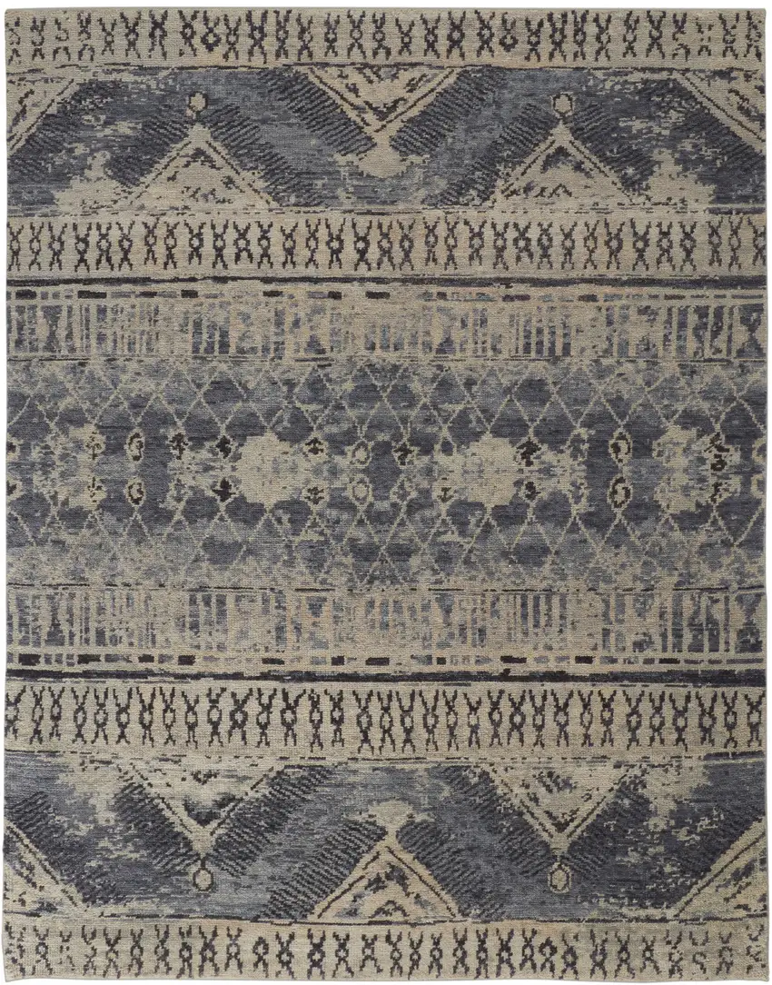Gray Blue and Ivory Wool Floral Hand Knotted Area Rug Photo 4