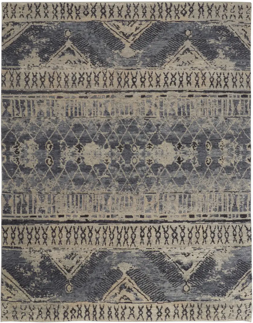 Gray Blue and Ivory Wool Floral Hand Knotted Area Rug Photo 6