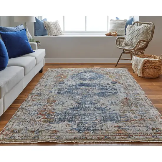 Gray Blue and Orange Oriental Power Loom Worn Faded Area Rug With Fringe Photo 9