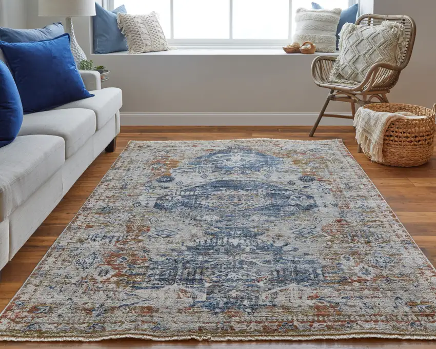 Gray Blue and Orange Oriental Power Loom Worn Faded Area Rug With Fringe Photo 9