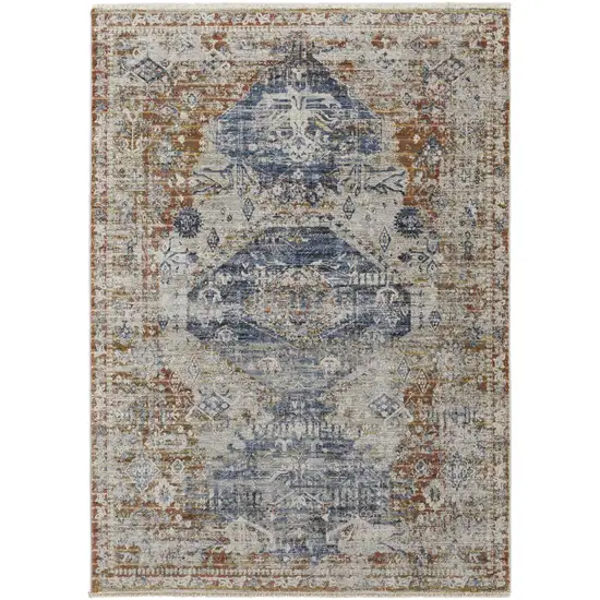 Gray Blue and Orange Oriental Power Loom Worn Faded Area Rug With Fringe Photo 2