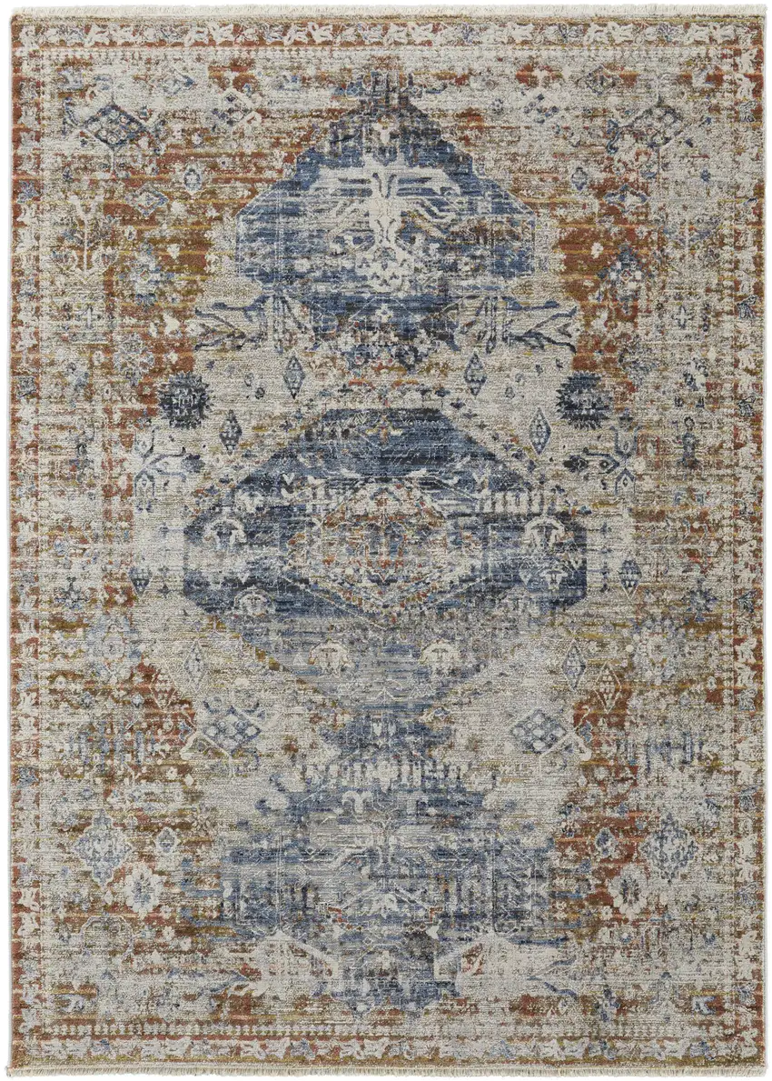 Gray Blue and Orange Oriental Power Loom Worn Faded Area Rug With Fringe Photo 2
