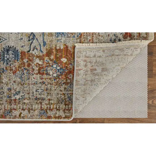 Gray Blue and Orange Oriental Power Loom Worn Faded Area Rug With Fringe Photo 7