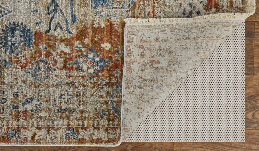 Gray Blue and Orange Oriental Power Loom Worn Faded Area Rug With Fringe Photo 7