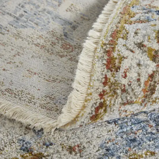 Gray Blue and Orange Oriental Power Loom Worn Faded Area Rug With Fringe Photo 5