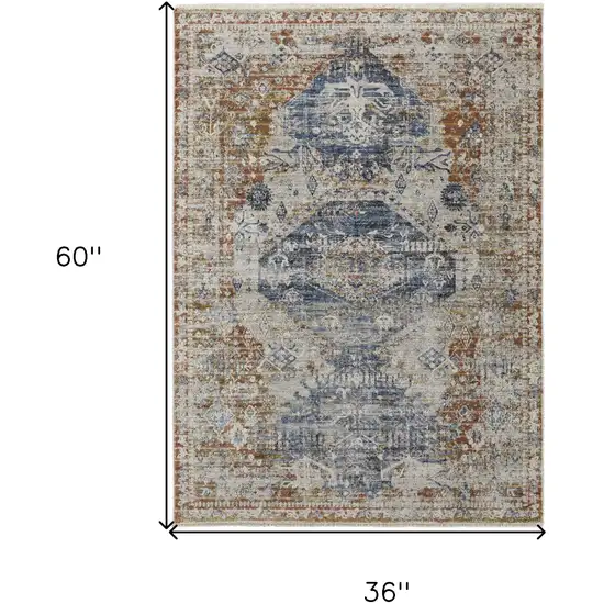 Gray Blue and Orange Oriental Power Loom Worn Faded Area Rug With Fringe Photo 3