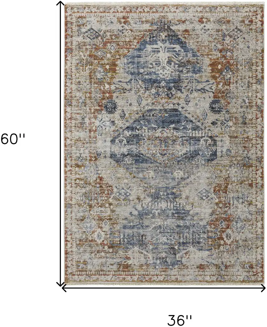 Gray Blue and Orange Oriental Power Loom Worn Faded Area Rug With Fringe Photo 3