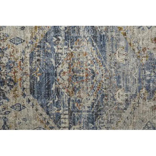 Gray Blue and Orange Oriental Power Loom Worn Faded Area Rug With Fringe Photo 6