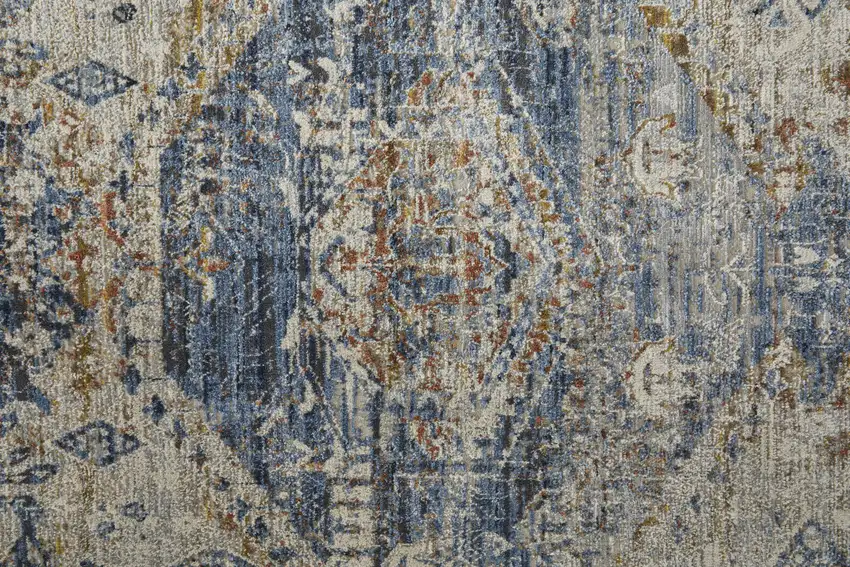 Gray Blue and Orange Oriental Power Loom Worn Faded Area Rug With Fringe Photo 6