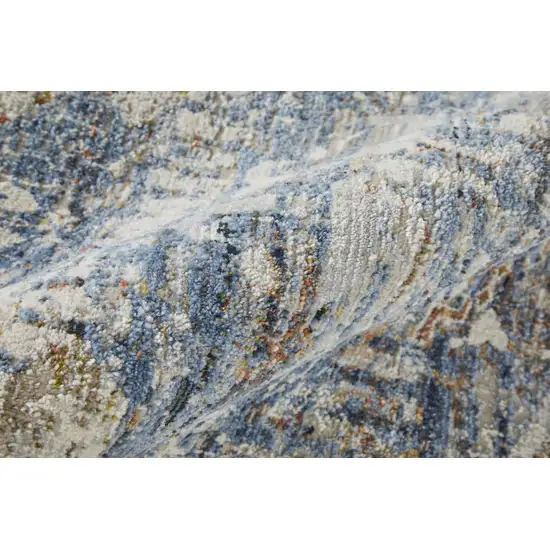 Gray Blue and Orange Oriental Power Loom Worn Faded Area Rug With Fringe Photo 4