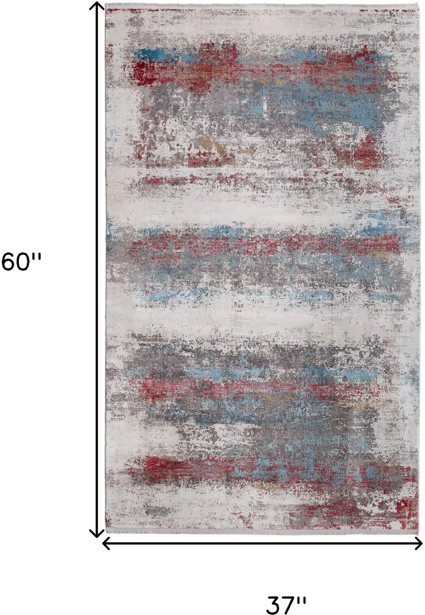Gray Blue and Red Abstract Power Loom Area Rug With Fringe Photo 3