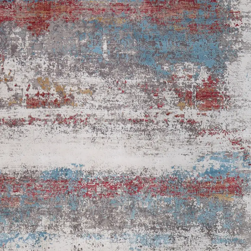 Gray Blue and Red Abstract Power Loom Area Rug With Fringe Photo 9