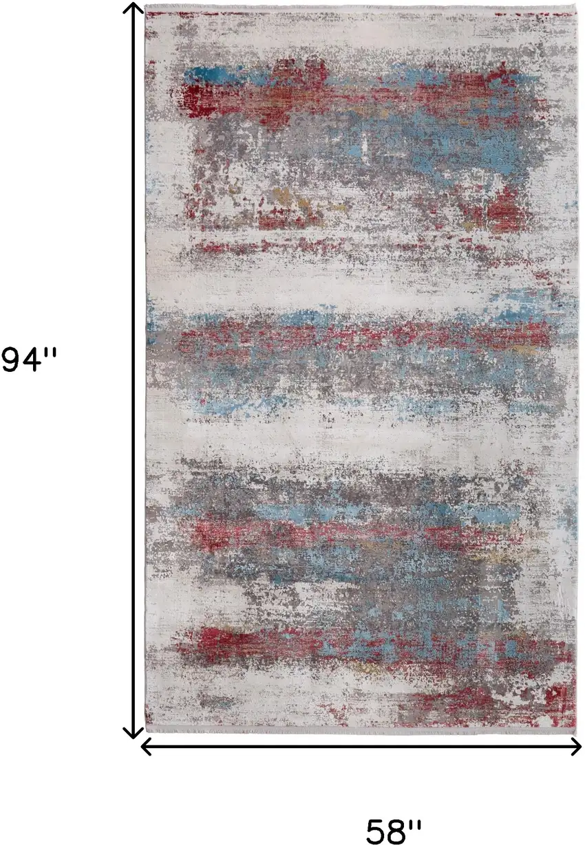 Gray Blue and Red Abstract Power Loom Area Rug With Fringe Photo 3