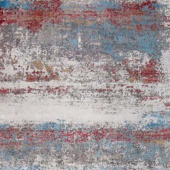 Gray Blue and Red Abstract Power Loom Area Rug With Fringe Photo 9