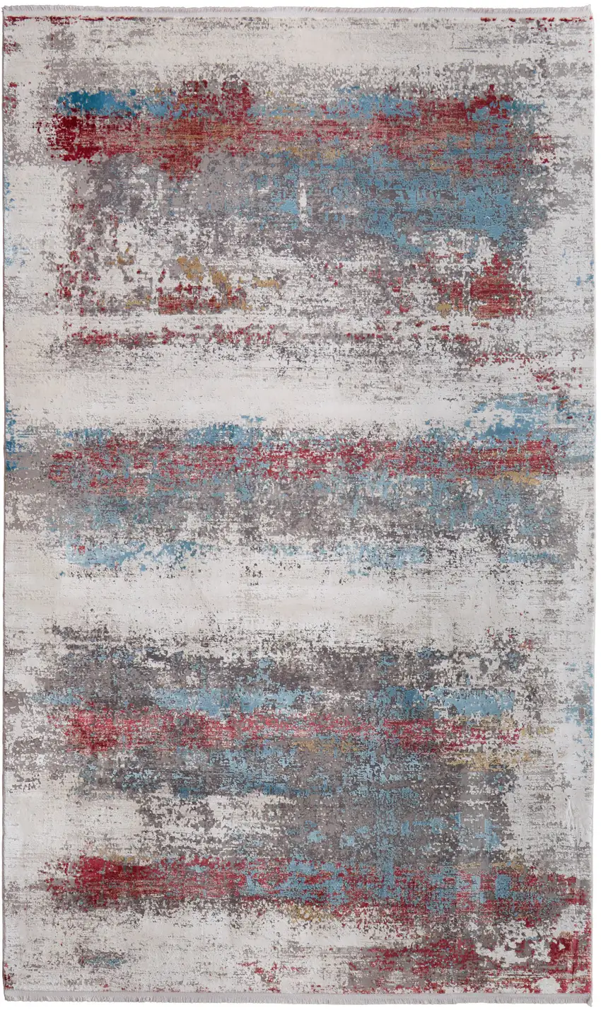 Gray Blue and Red Abstract Power Loom Area Rug With Fringe Photo 2