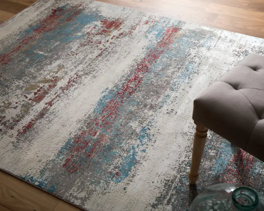 Gray Blue and Red Abstract Power Loom Area Rug With Fringe Photo 5