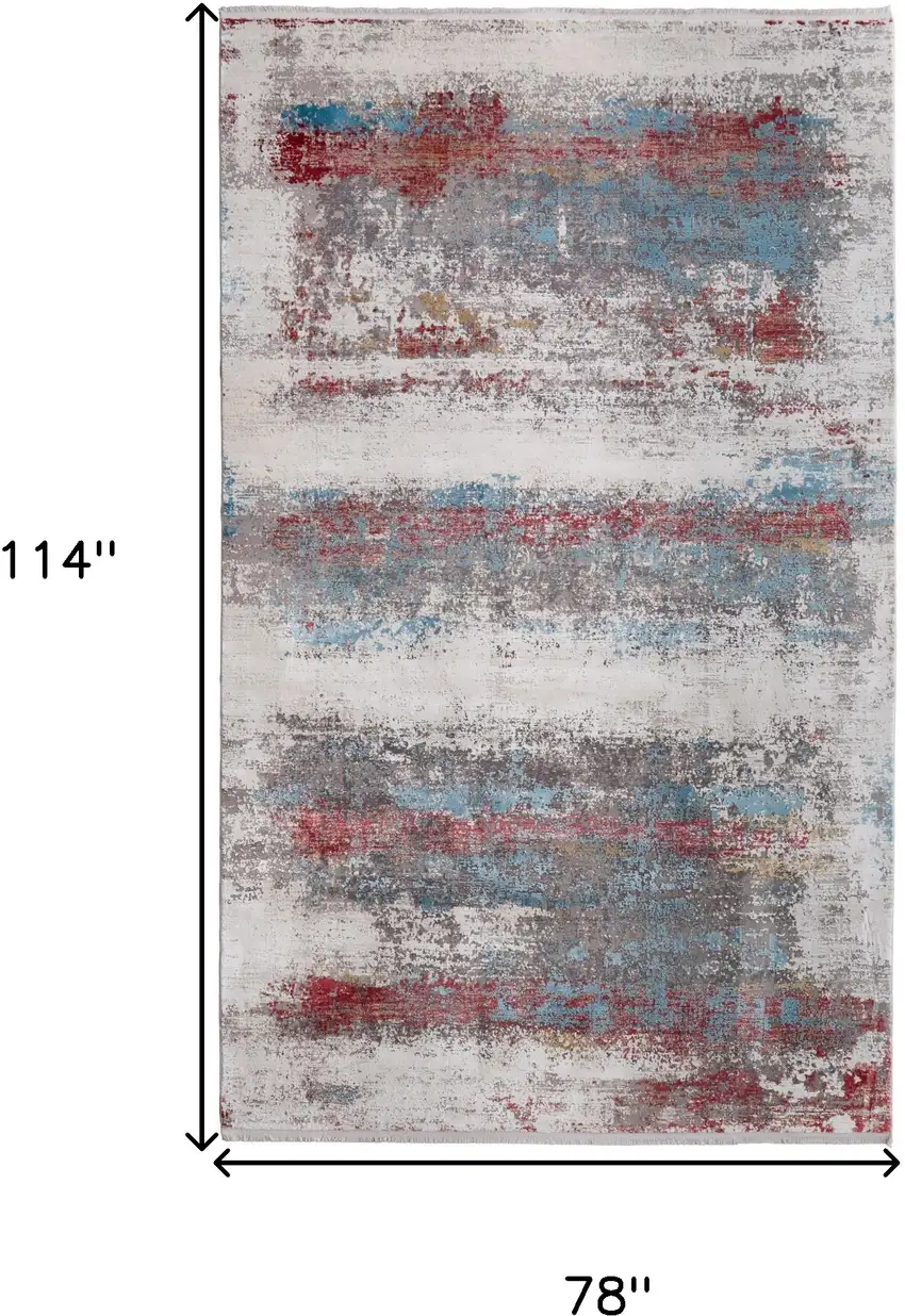 Gray Blue and Red Abstract Power Loom Area Rug With Fringe Photo 3