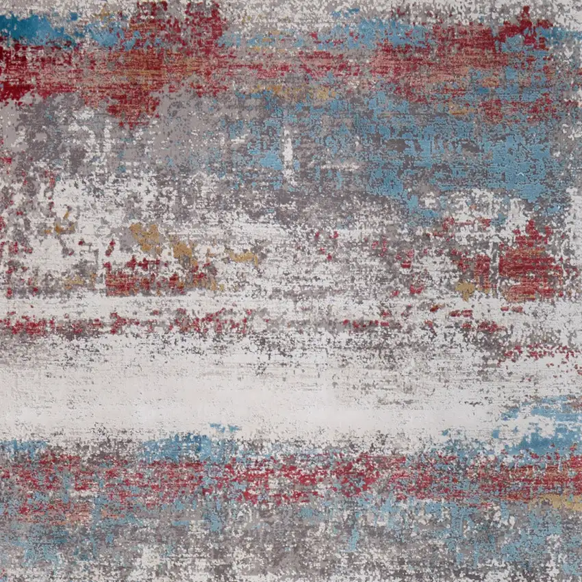 Gray Blue and Red Abstract Power Loom Area Rug With Fringe Photo 9