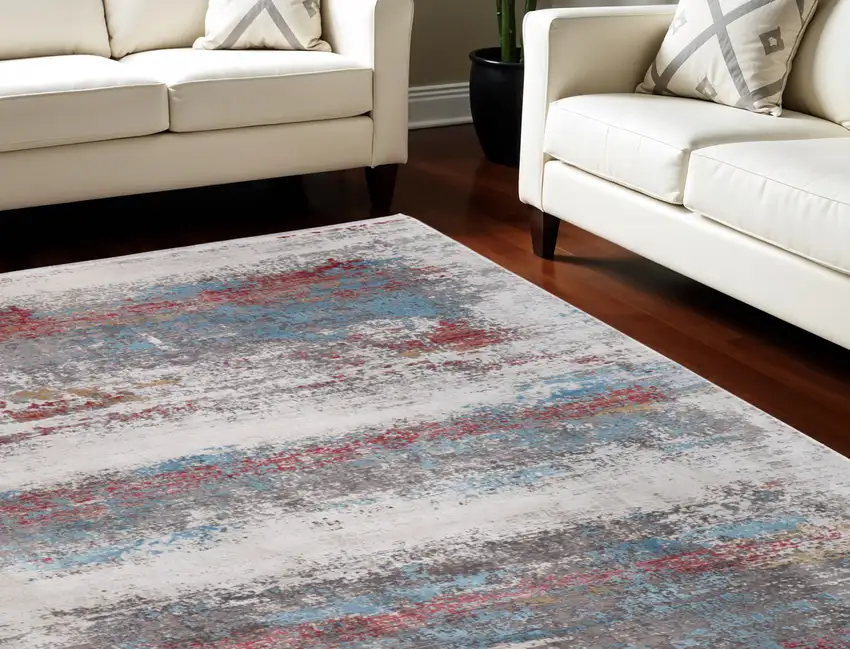 Gray Blue and Red Abstract Power Loom Area Rug With Fringe Photo 1