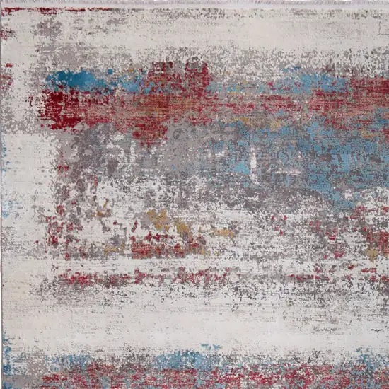 Gray Blue and Red Abstract Power Loom Area Rug With Fringe Photo 9