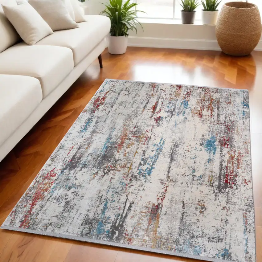 Gray Blue and Red Abstract Power Loom Area Rug With Fringe Photo 1