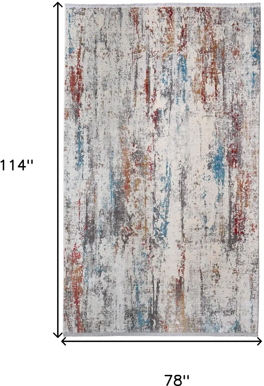 Gray Blue and Red Abstract Power Loom Area Rug With Fringe Photo 3