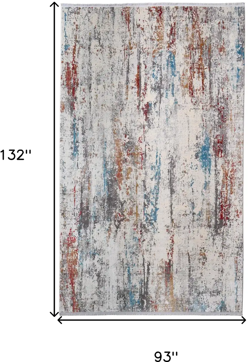 Gray Blue and Red Abstract Power Loom Area Rug With Fringe Photo 3
