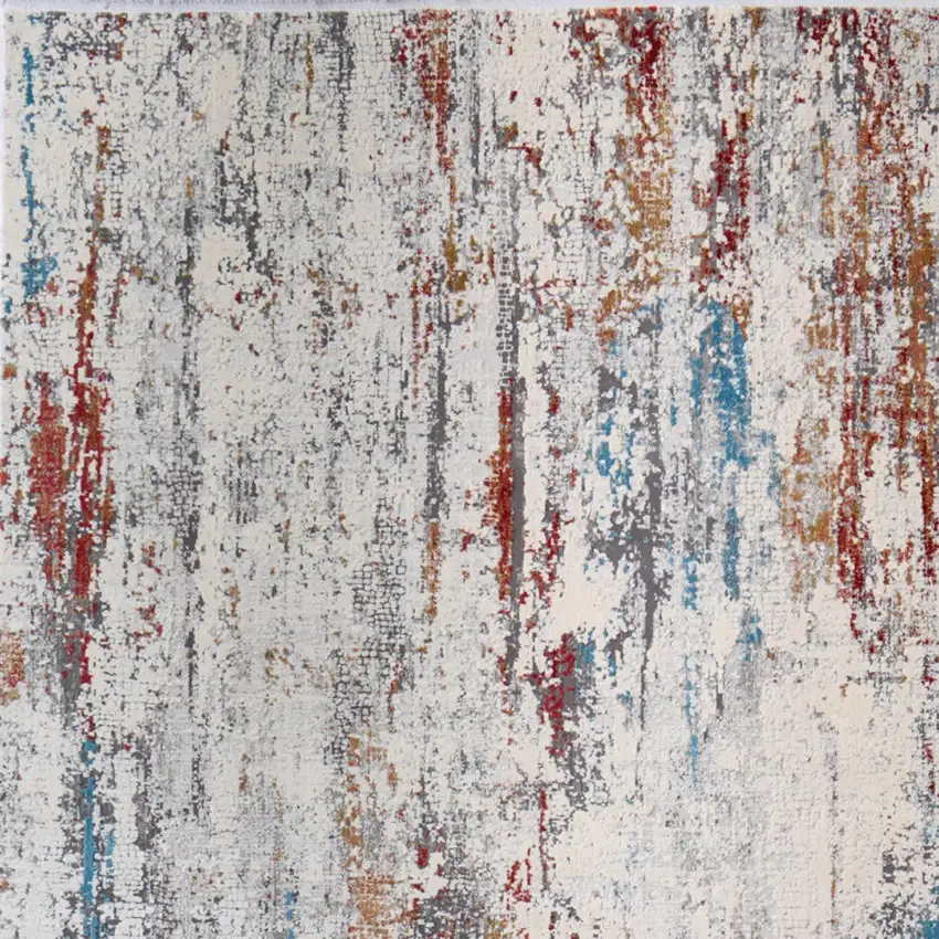 Gray Blue and Red Abstract Power Loom Area Rug With Fringe Photo 9