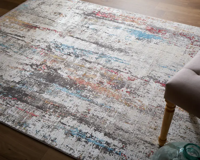 Gray Blue and Red Abstract Power Loom Area Rug With Fringe Photo 4