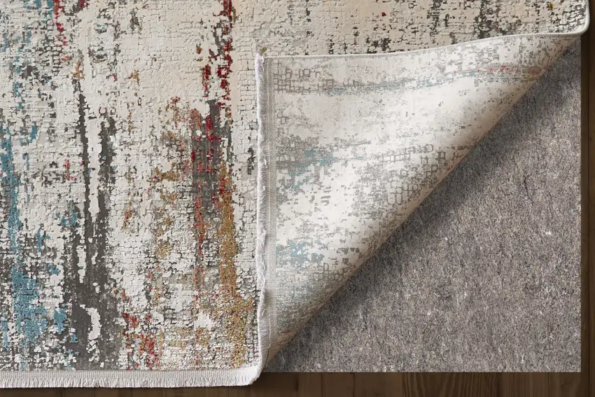 Gray Blue and Red Abstract Power Loom Area Rug With Fringe Photo 7