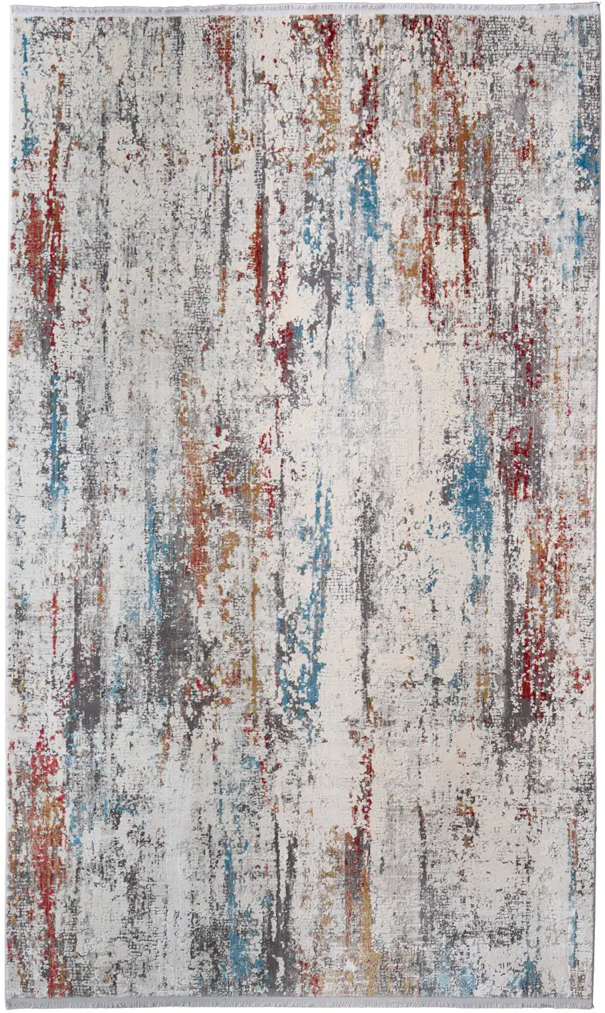 Gray Blue and Red Abstract Power Loom Area Rug With Fringe Photo 2