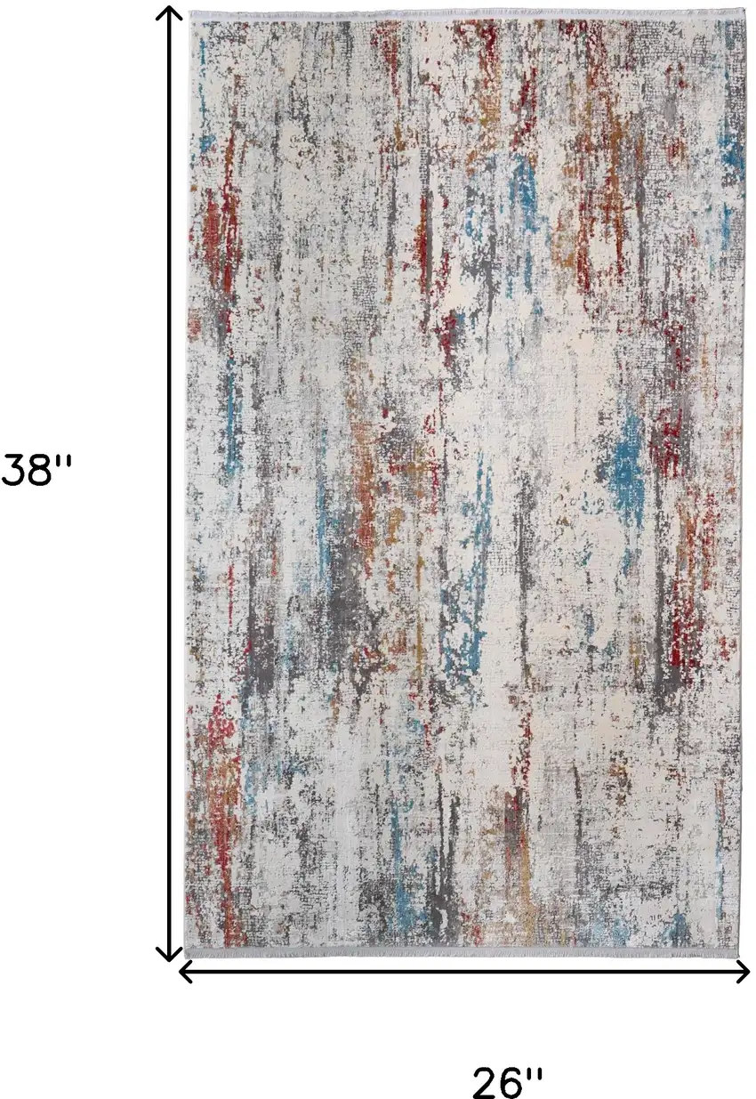 Gray Blue and Red Abstract Power Loom Area Rug With Fringe Photo 3