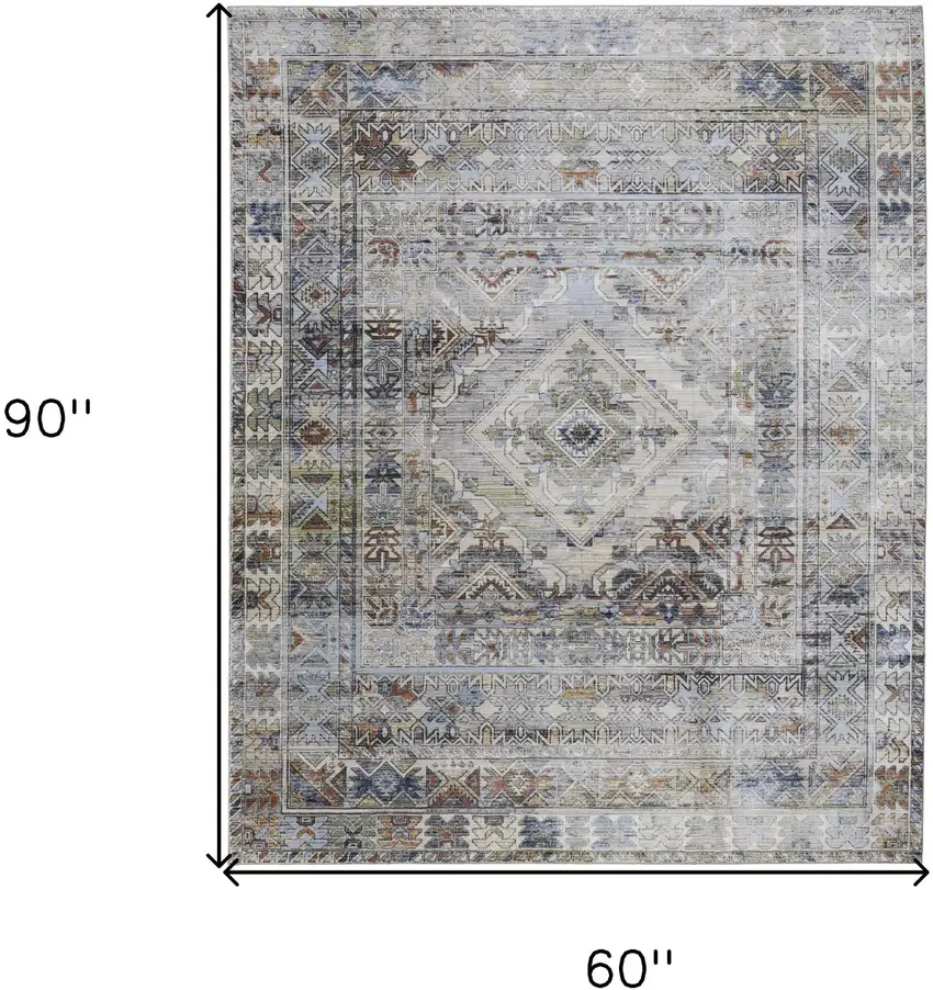 Gray Blue and Red Abstract Power Loom Worn Faded Area Rug Photo 3