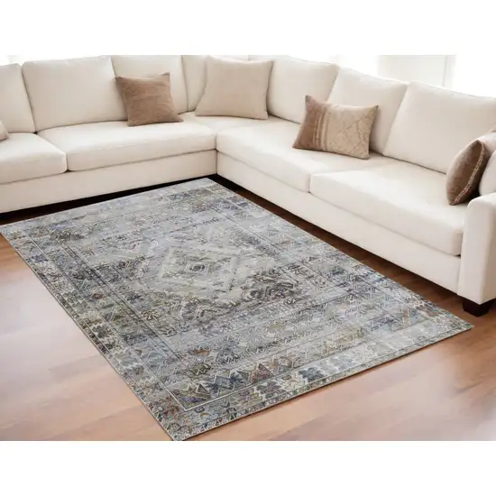 Gray Blue and Red Abstract Power Loom Worn Faded Area Rug Photo 1