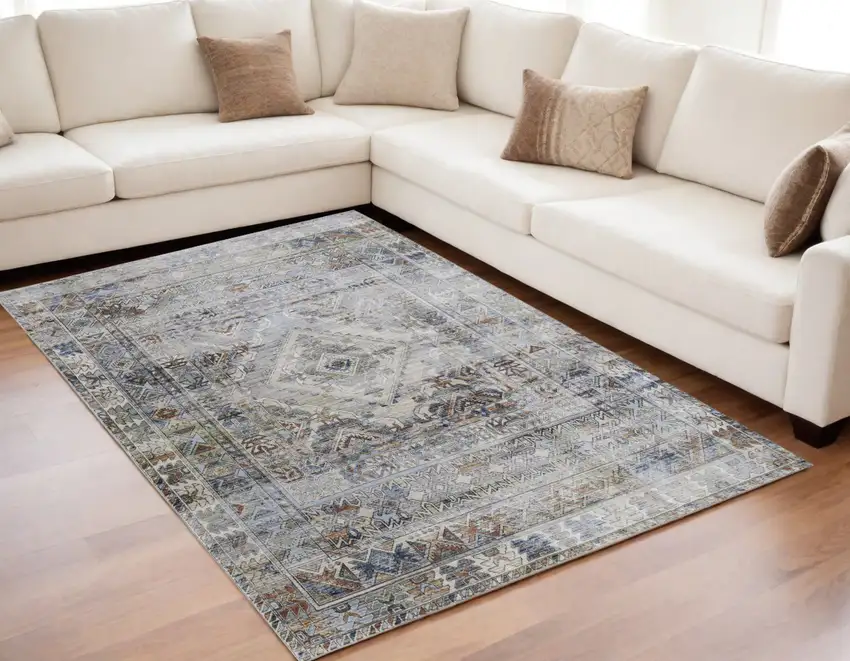 Gray Blue and Red Abstract Power Loom Worn Faded Area Rug Photo 1