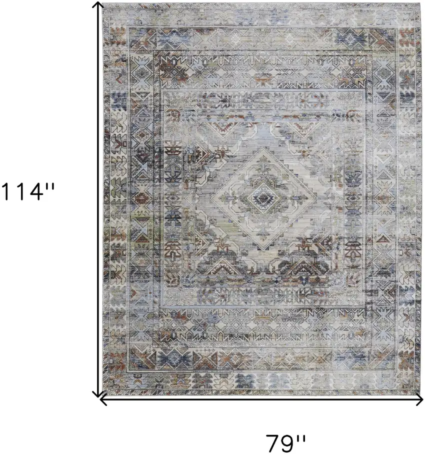 Gray Blue and Red Abstract Power Loom Worn Faded Area Rug Photo 3